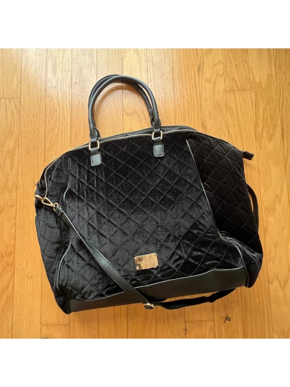BEBE Large Velour Quilted Black Weekender Zip Bag